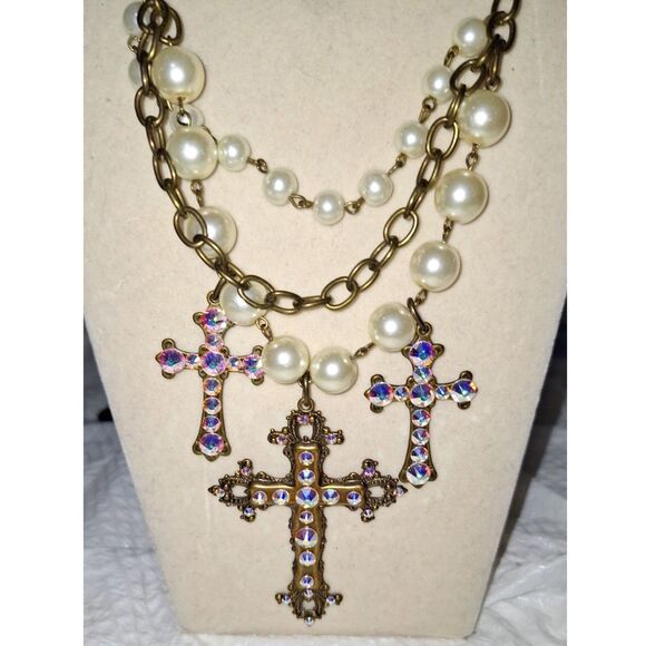 A Pink Panache Women's Layered Necklace Steampunk Fairy Grunge Rhinestone Cross - Picture 2 of 9